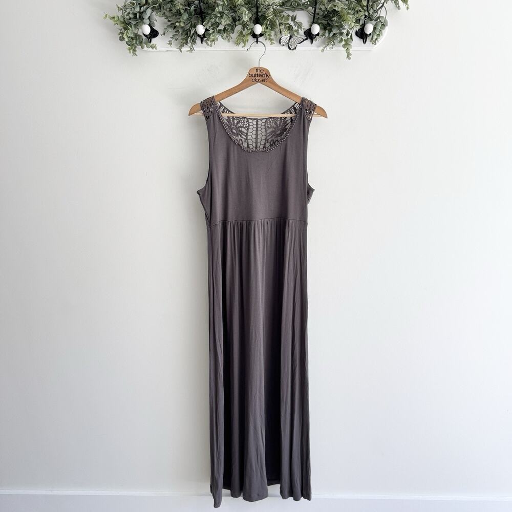 Garnet Hill Gray Crochet Back Jersey Knit Maxi Dress Large #VW